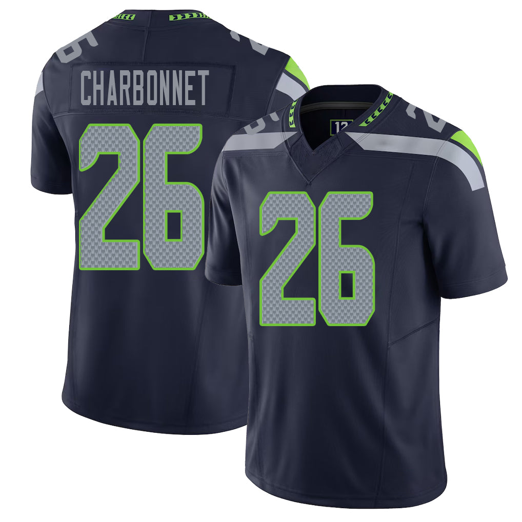 Seattle #26 Charbonnet Player Football V Neck Short Sleeve Navy Jersey Zach For Men Youth Women Gift