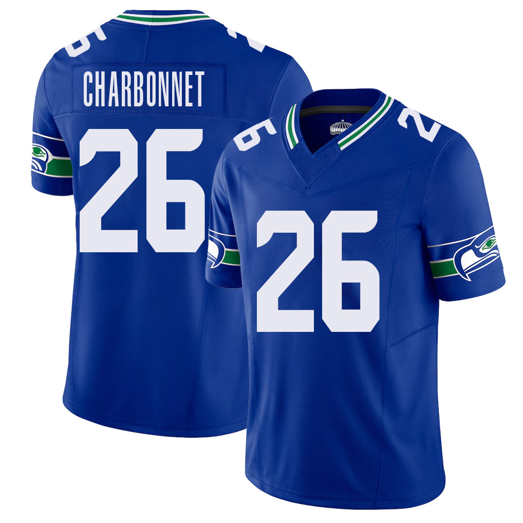 Seattle #26 Charbonnet Player Football V Neck Short Sleeve Royal Jersey Zach For Men Youth Women Gift