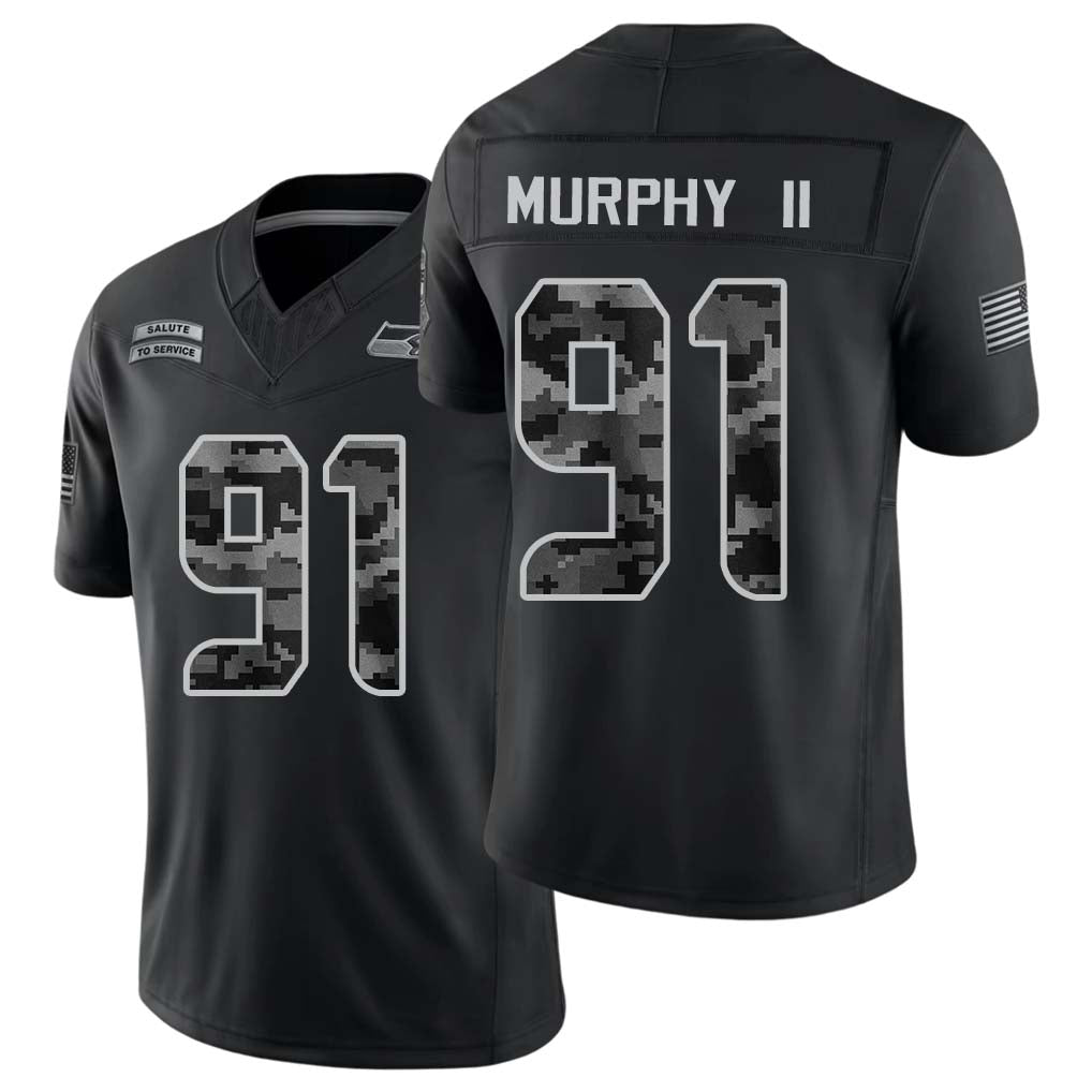 Seattle #91 Murphy II Player Football V Neck Short Sleeve black Jersey Byron For Men Youth Women Gift