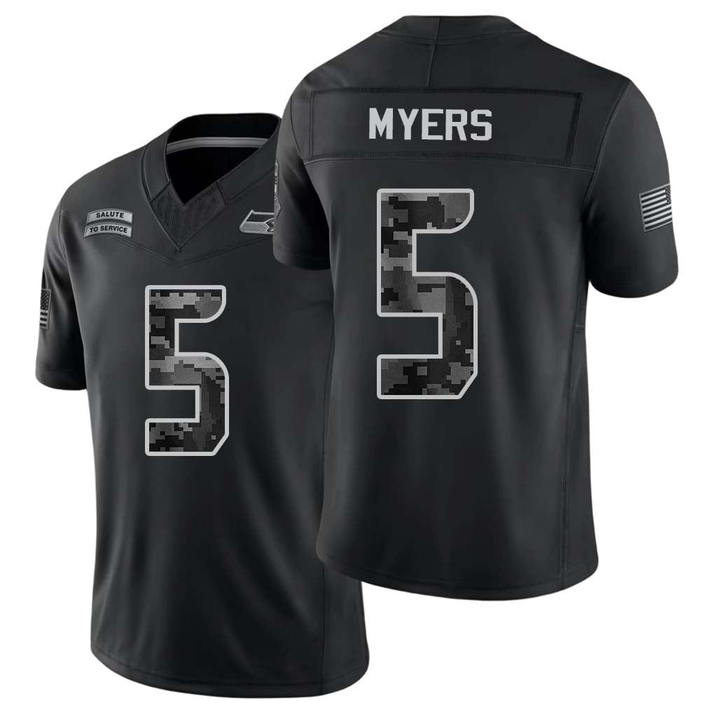 Seattle #5 Myers Player Football V Neck Short Sleeve black Jersey Jason For Men Youth Women Gift