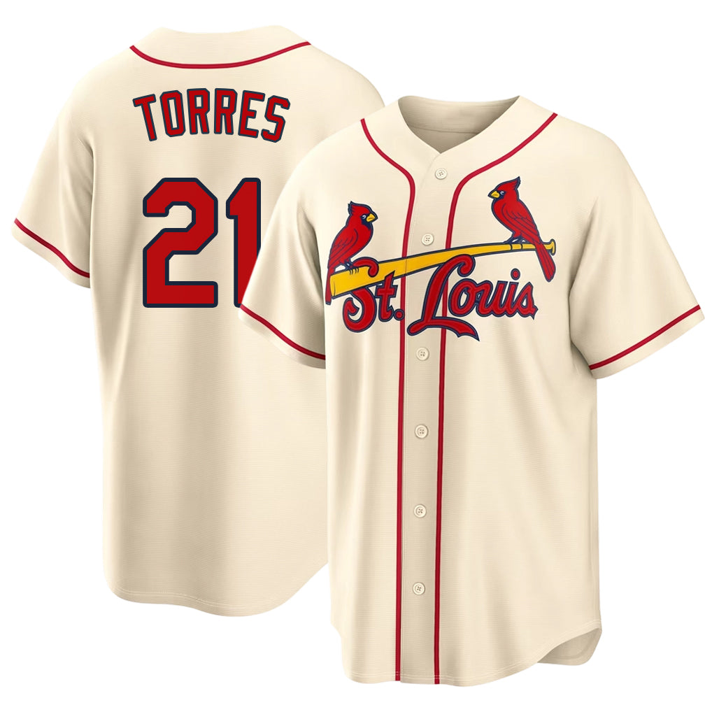 St. Louis #21 Torres Player Baseball Short Sleeve Cream Jersey Bryan For Men Women Youth Gift
