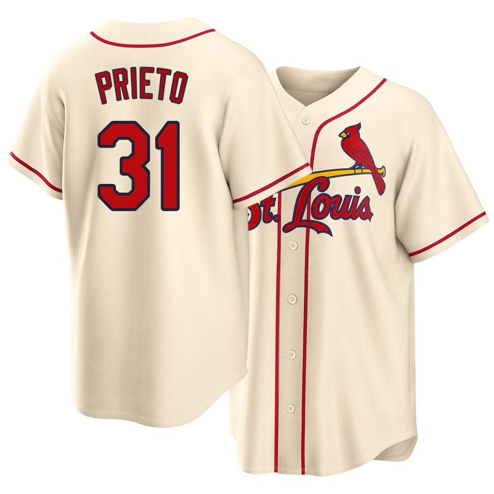 St. Louis #31 Prieto Player Baseball Short Sleeve Cream Jersey César For Men Women Youth Gift