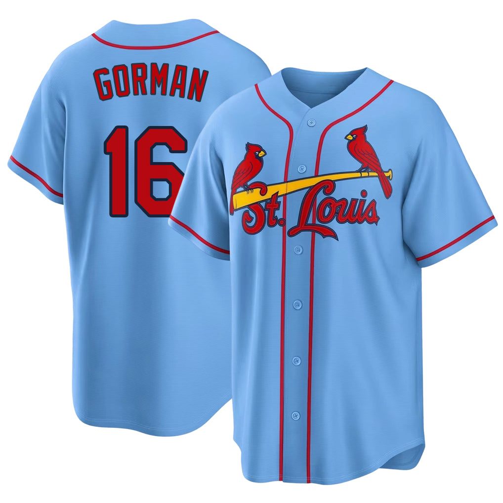 St. Louis #16 Gorman Player Baseball Short Sleeve Blue Jersey Nolan For Men Women Youth Gift
