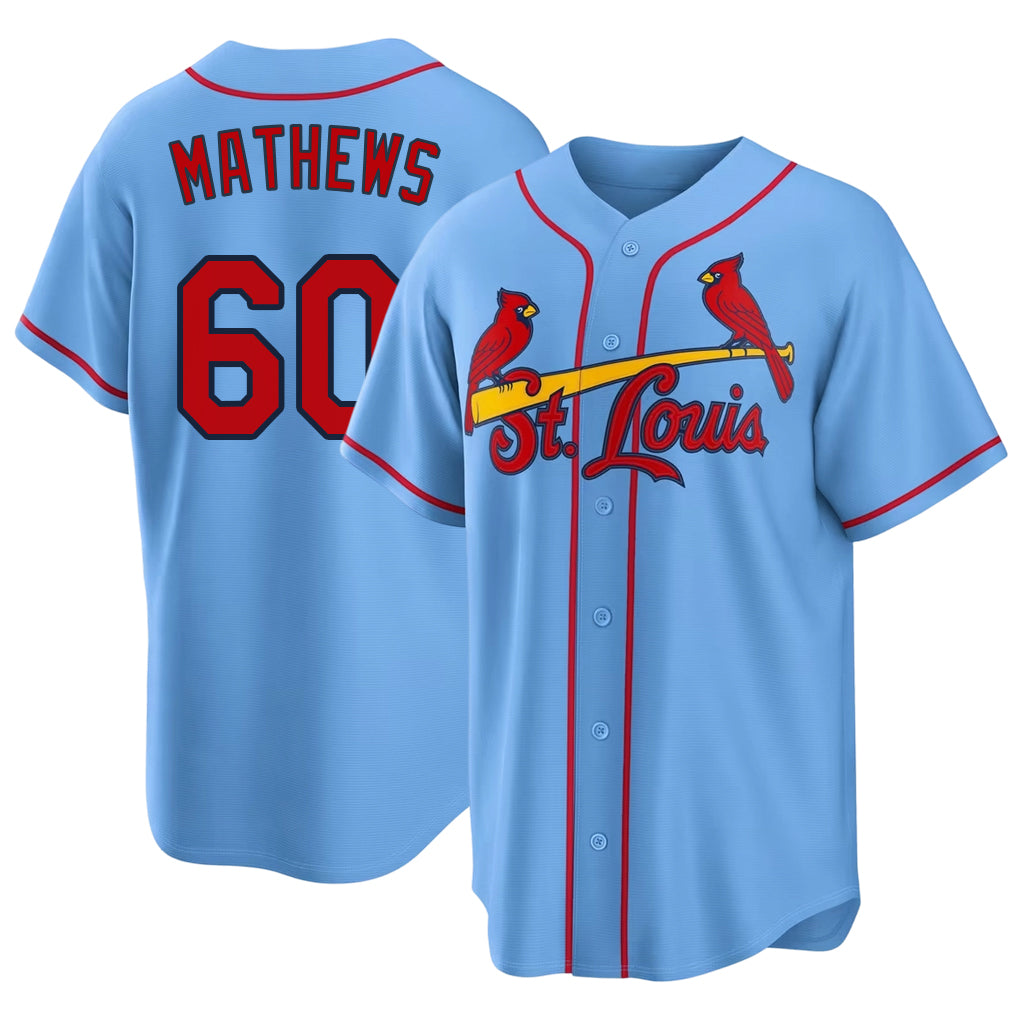St. Louis #60 Mathews Player Baseball Short Sleeve Blue Jersey Quinn For Men Women Youth Gift