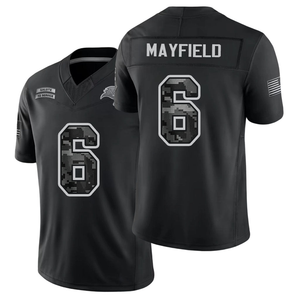 Tampa Bay #6 Mayfield Player Football V Neck Short Sleeve Black Jersey Baker For Men Youth Women Gift