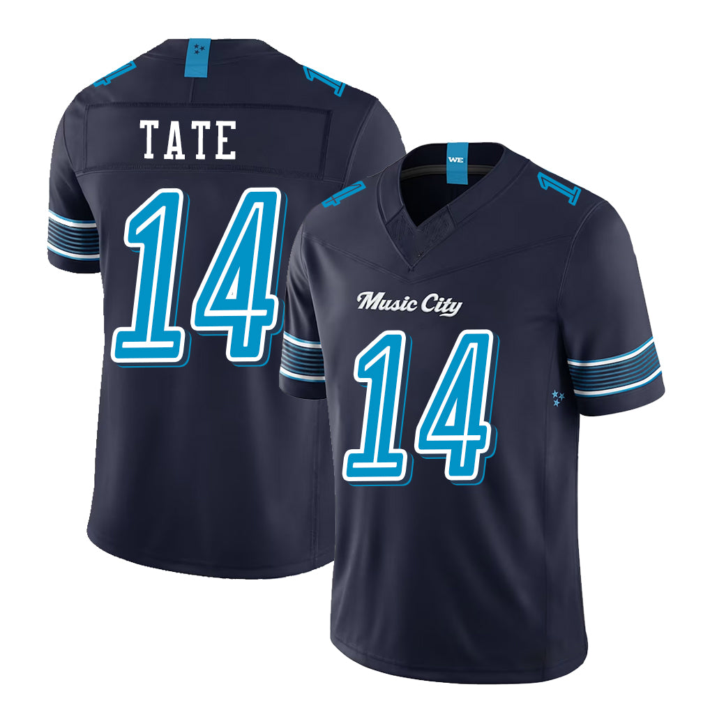 Tennessee #14 Tate Player Football V Neck Short Sleeve Navy Jersey Carnell For Men Youth Women Gift