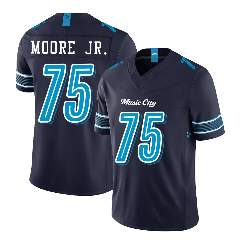 Tennessee #75 Moore Jr. Player Football V Neck Short Sleeve Navy Jersey Dan For Men Youth Women Gift