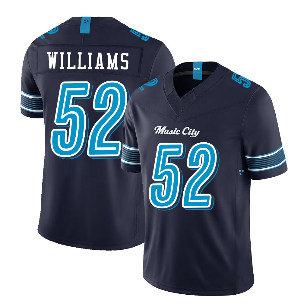 Tennessee #52 Williams Player Football V Neck Short Sleeve Navy Jersey James For Men Youth Women Gift