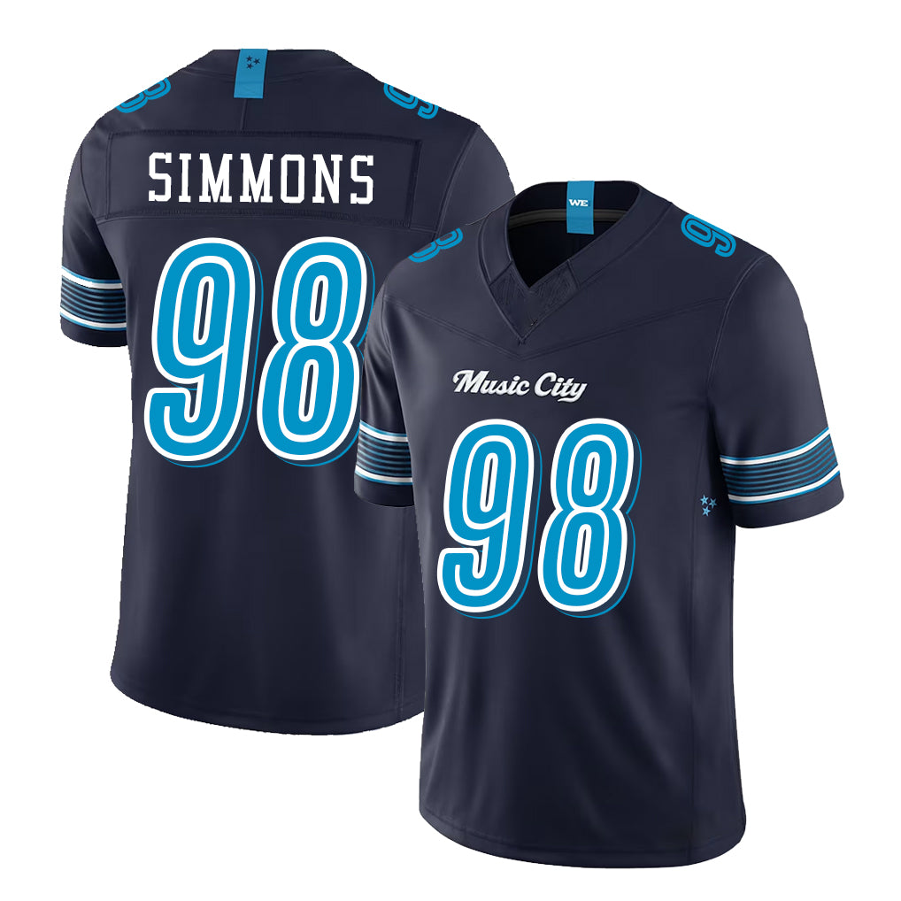 Tennessee #98 Simmons Player Football V Neck Short Sleeve Navy Jersey Jeffery For Men Youth Women Gift