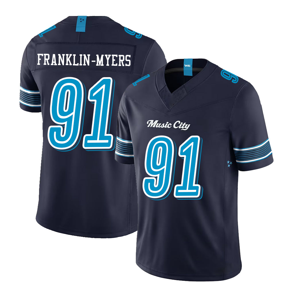 Tennessee #91 Franklin-Myers Player Football V Neck Short Sleeve Navy Jersey John For Men Youth Women Gift