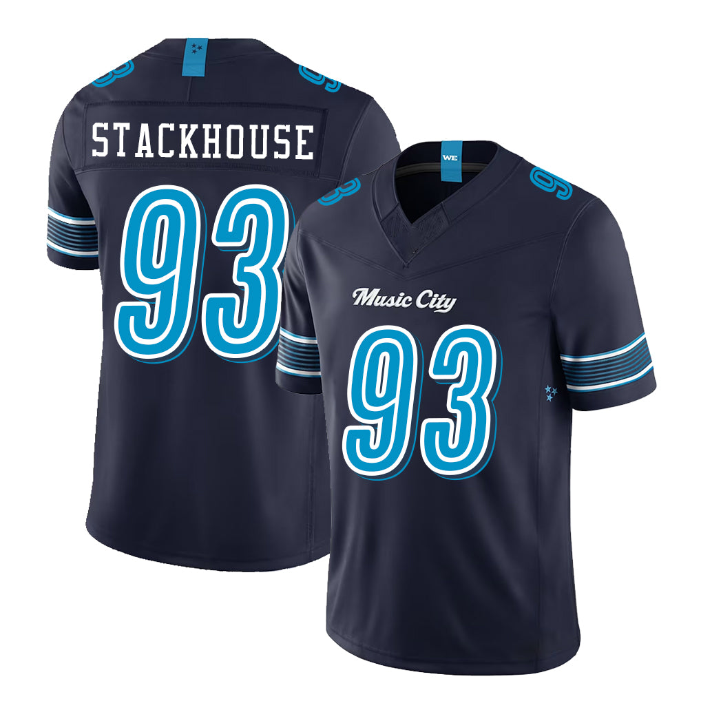 Tennessee #93 Stackhouse Player Football V Neck Short Sleeve Navy Jersey Nazir For Men Youth Women Gift