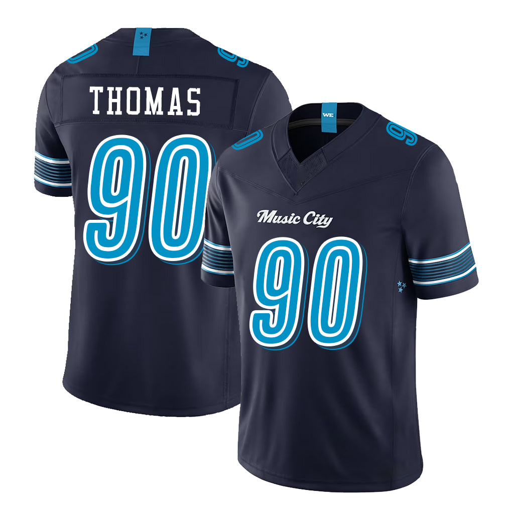 Tennessee #90 Thomas Player Football V Neck Short Sleeve Navy Jersey Solomon For Men Youth Women Gift
