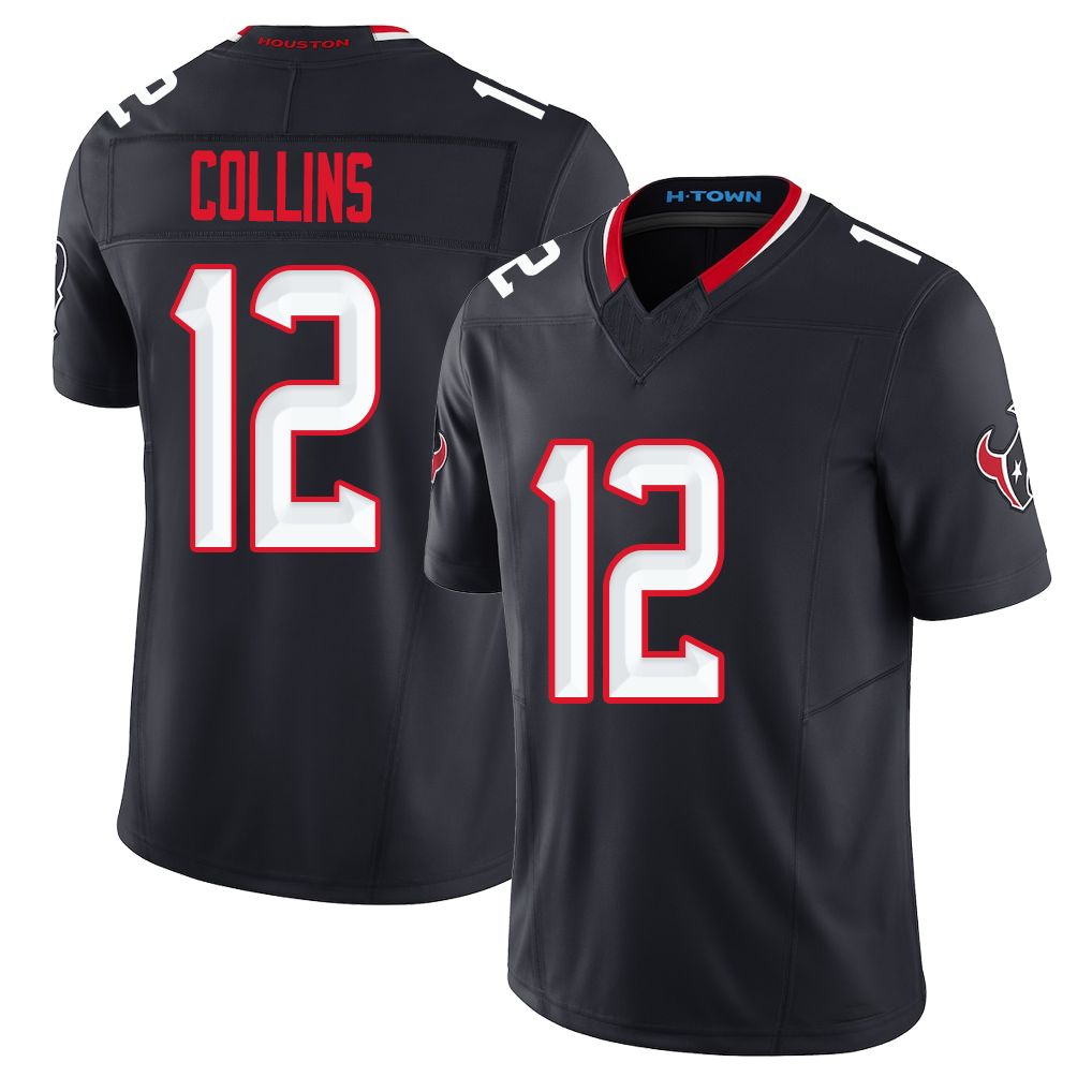 Houston #12 Collins Player Football V Neck Short Sleeve Navy Jersey Nico For Men Youth Women Gift