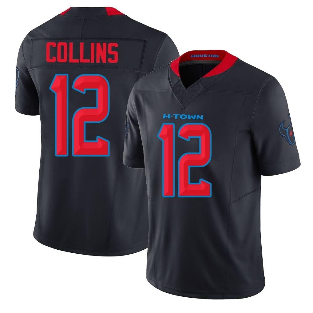 Houston #12 Collins Player Football V Neck Short Sleeve Jersey Navy Nico For Men Youth Women Gift