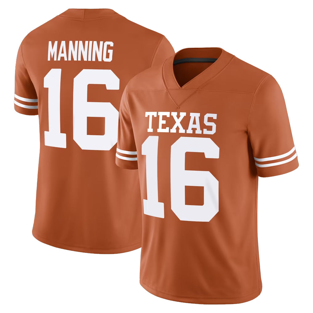 Texas #16 Manning Player College Football V Neck Short Sleeve Orange Jersey Arch For Men Youth Women
