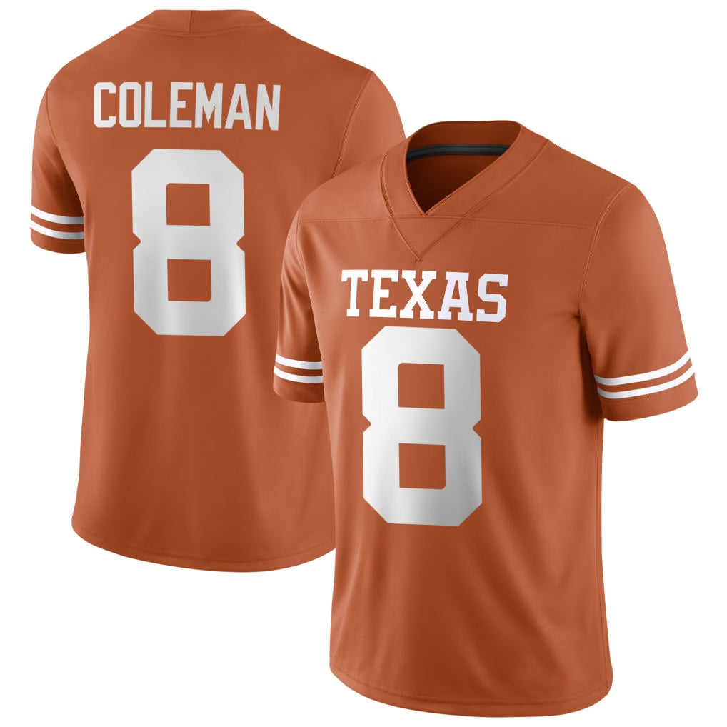 Texas #8 Coleman Player College Football V Neck Short Sleeve Orange Jersey Cam For Men Youth Women