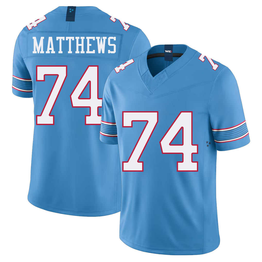 Tennessee #74 Matthews Player Football V Neck Short Sleeve Light Blue Jersey Bruce For Men Youth Women Gift