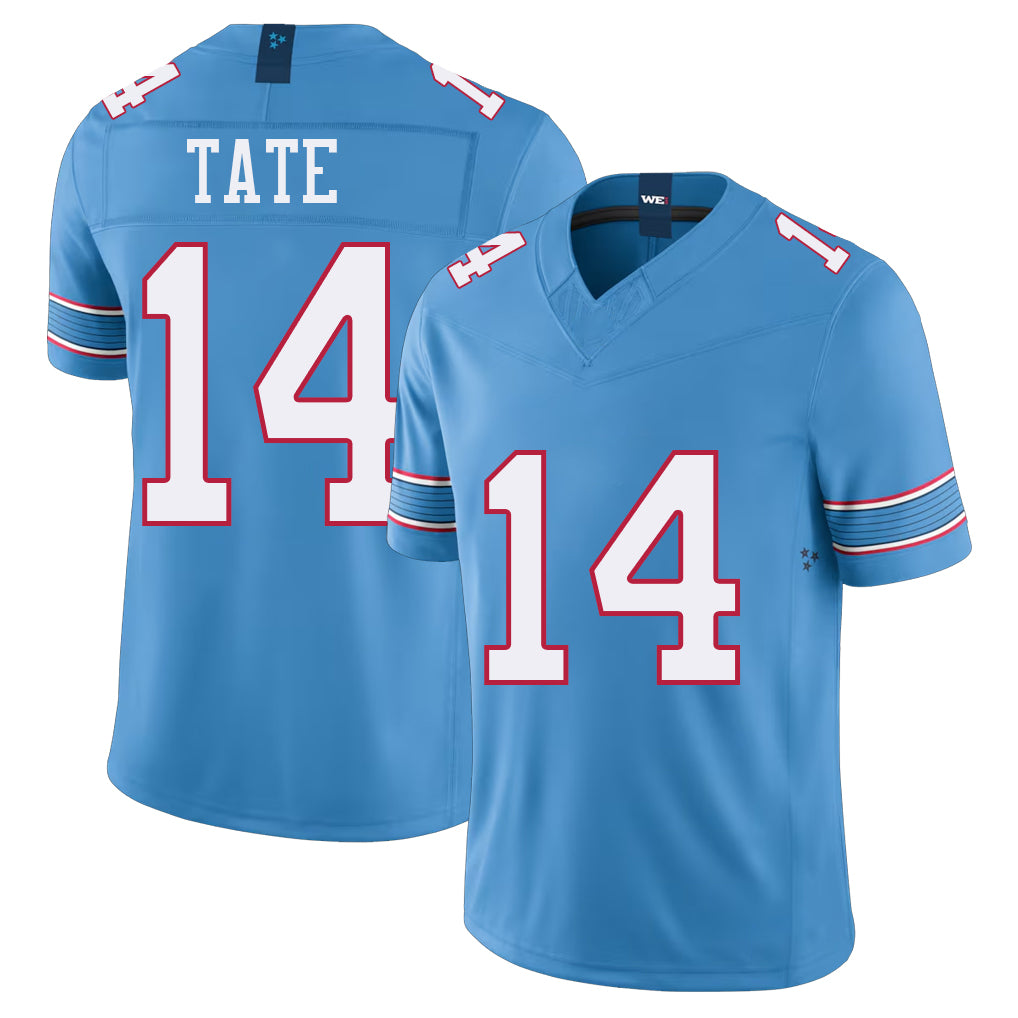 Tennessee #14 Tate Player Football V Neck Short Sleeve Light Blue Jersey Carnell For Men Youth Women Gift