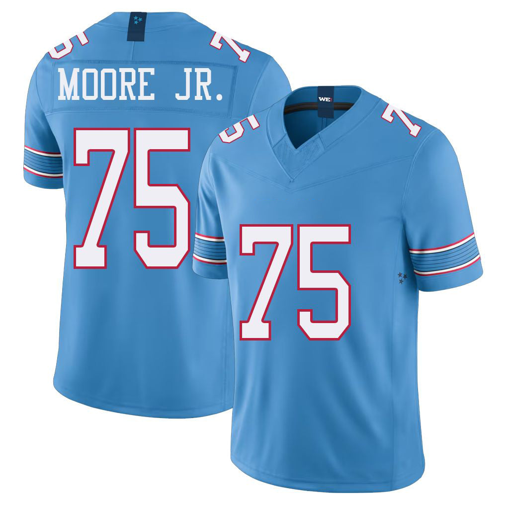 Tennessee #75 Moore Jr. Player Football V Neck Short Sleeve Light Blue Jersey Dan For Men Youth Women Gift