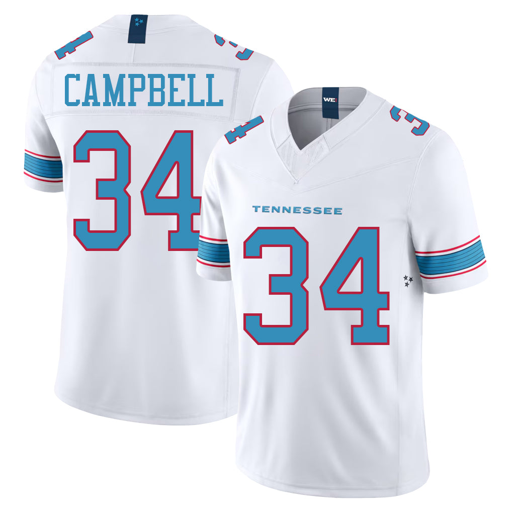 Tennessee #34 Campbell Player Football V Neck Short Sleeve White Jersey Earl For Men Youth Women Gift
