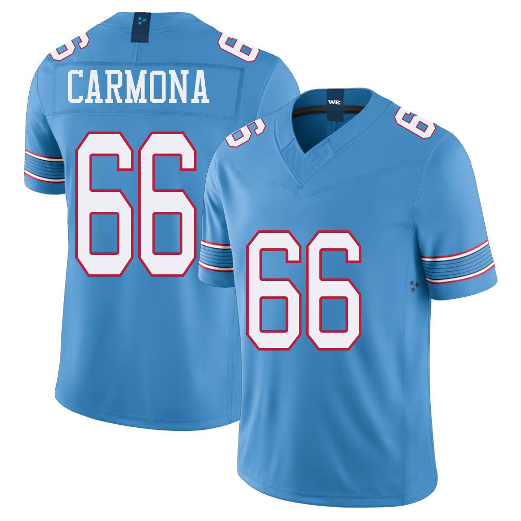 Tennessee #66 Carmona Player Football V Neck Short Sleeve Light Blue Jersey Fernando For Men Youth Women Gift