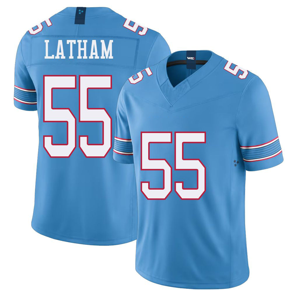 Tennessee #55 Latham Player Football V Neck Short Sleeve Light Blue Jersey JC For Men Youth Women Gift