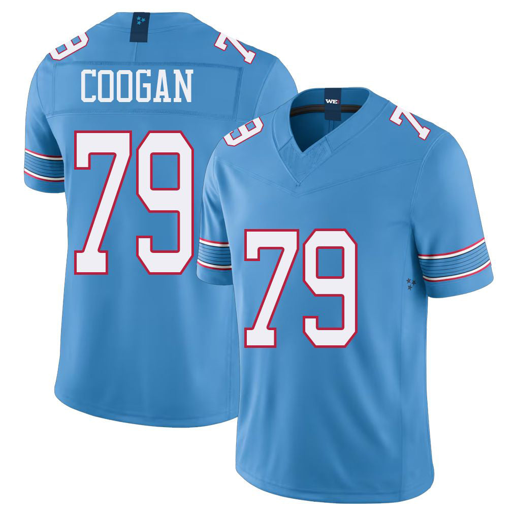 Tennessee #79 Coogan Player Football V Neck Short Sleeve Light Blue Jersey Pat For Men Youth Women Gift