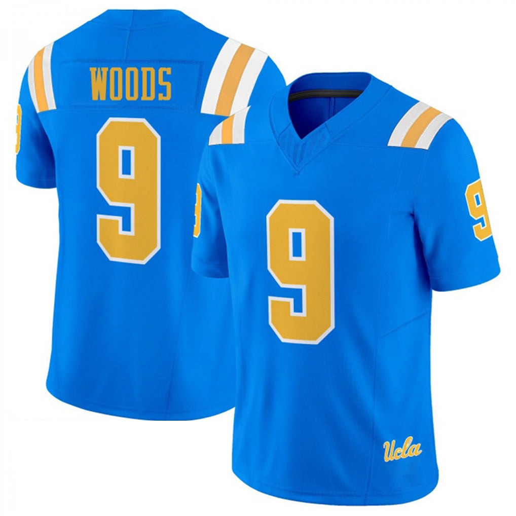 UCLA #9 Woods Player College Football V Neck Short Sleeve Blue Jersey Jalen For Men Youth Women