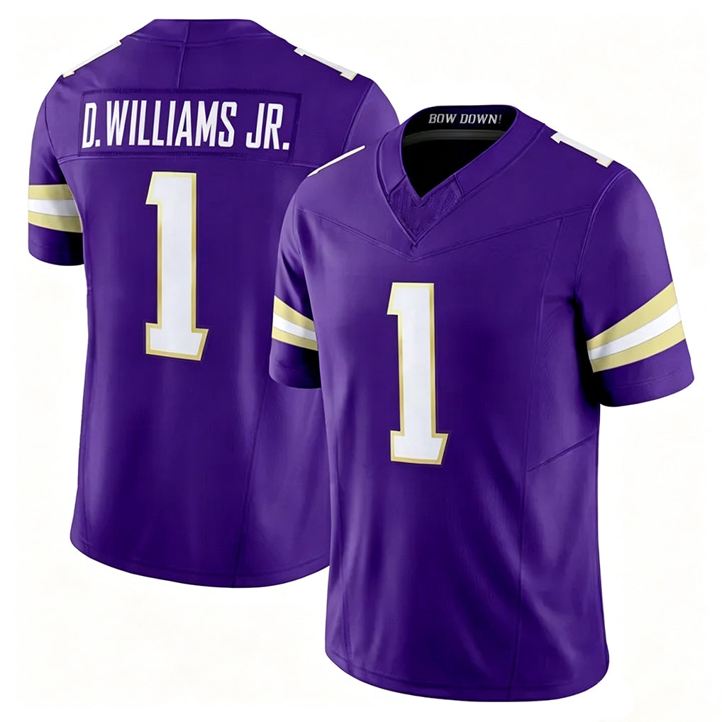 Washington #1 Williams Jr. Player College Football V Neck Short Sleeve Purple Jersey Demond For Men Youth Women